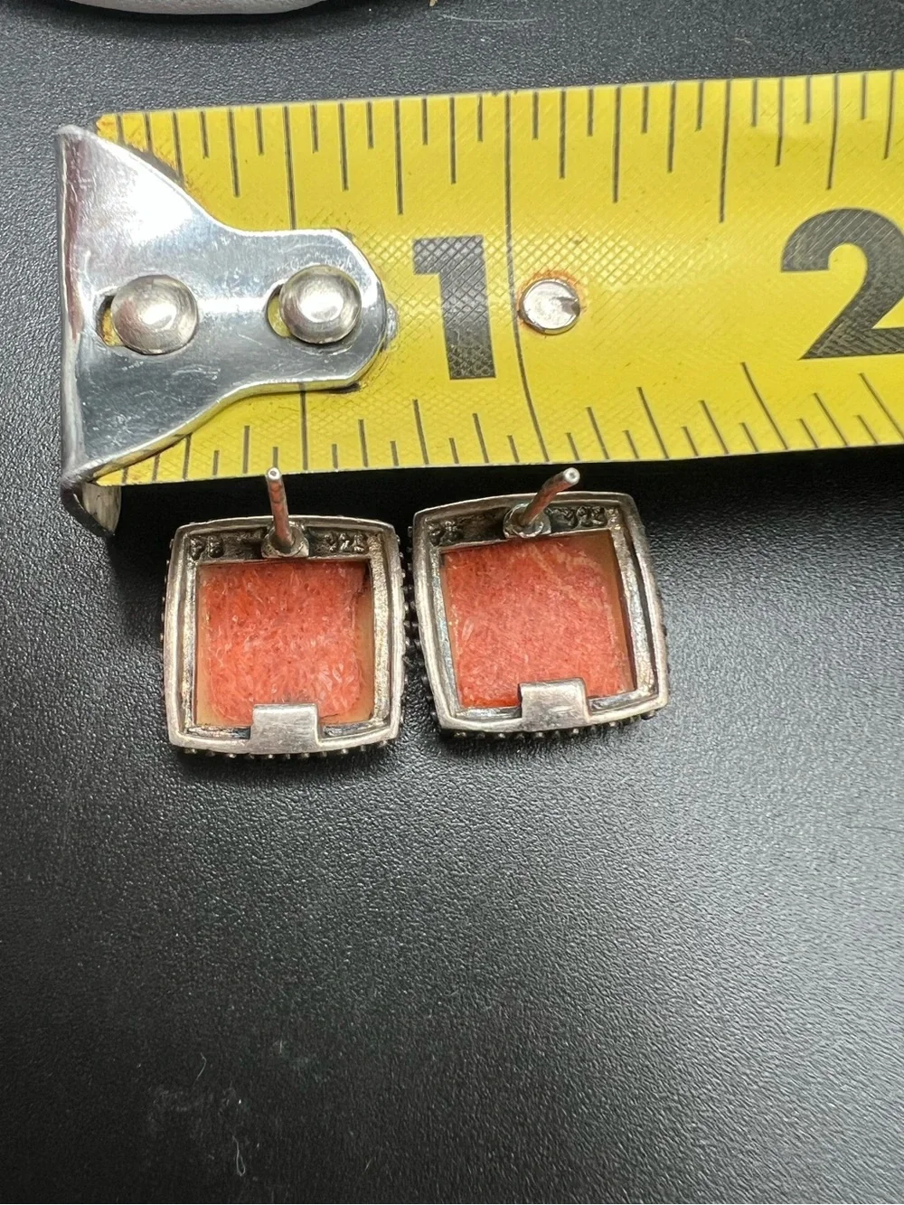 Sterling Silver (925) Orange Sponge Coral Square Stud Earrings Signed PB